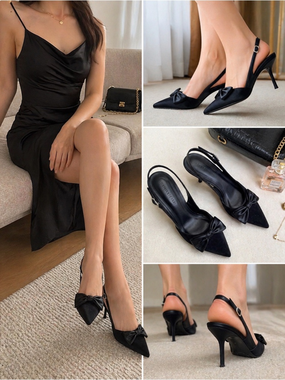 Charles & Keith Black Pointed Toe Slingback Heels Bow Stiletto Pumps Euro 37 US7